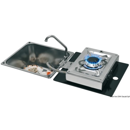 Evier avec plan de cuisson rabattable 1 feu. Dessus en verre trempé noir. EAN 8033137152641 Ref 50.102.05 