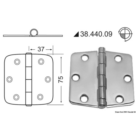 Charnière 2 mm nœud saillant 74x75 mm | EAN 8033137005022 Ref 38.440.09
