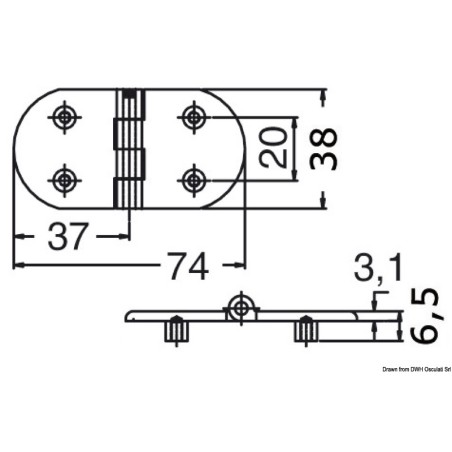 Charnière moulage de précision AISI316 74x38 mm | EAN 8033137130052 Ref 38.963.10