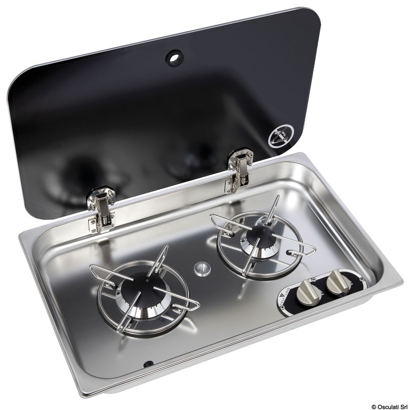 
Plan cuisson inox couvercle fumé 2 feux encastrement 119 mm 
