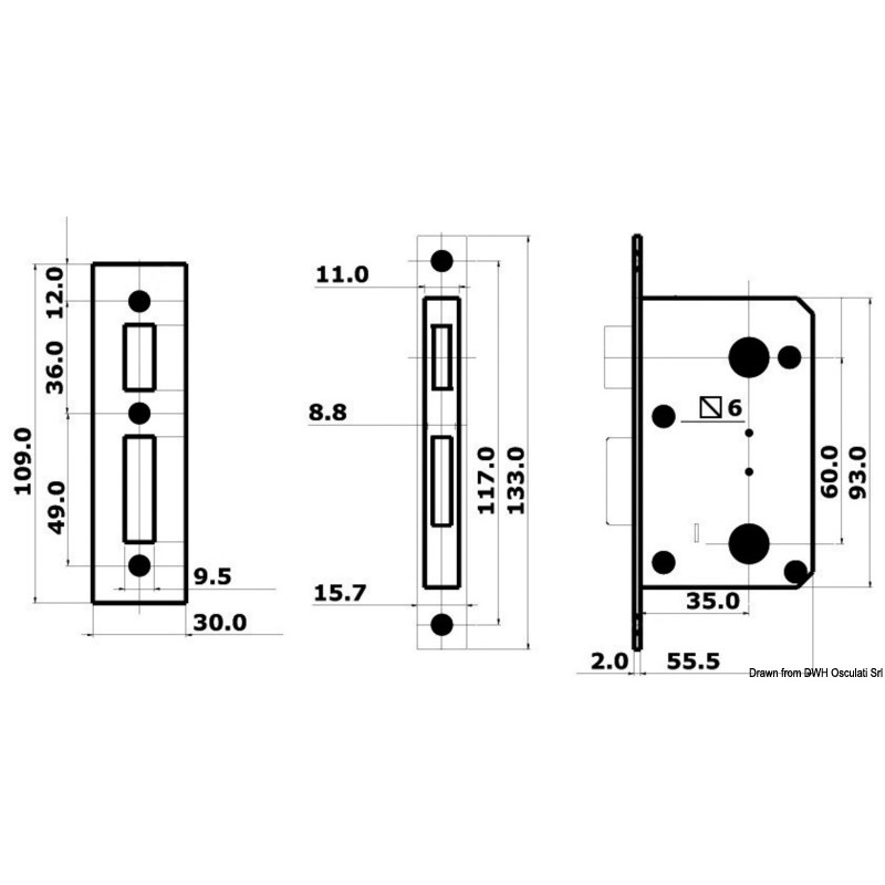Serrure pour WC et cabines droite externe, gauche interne
Serrure pour WC et cabines droite externe, gauche interne