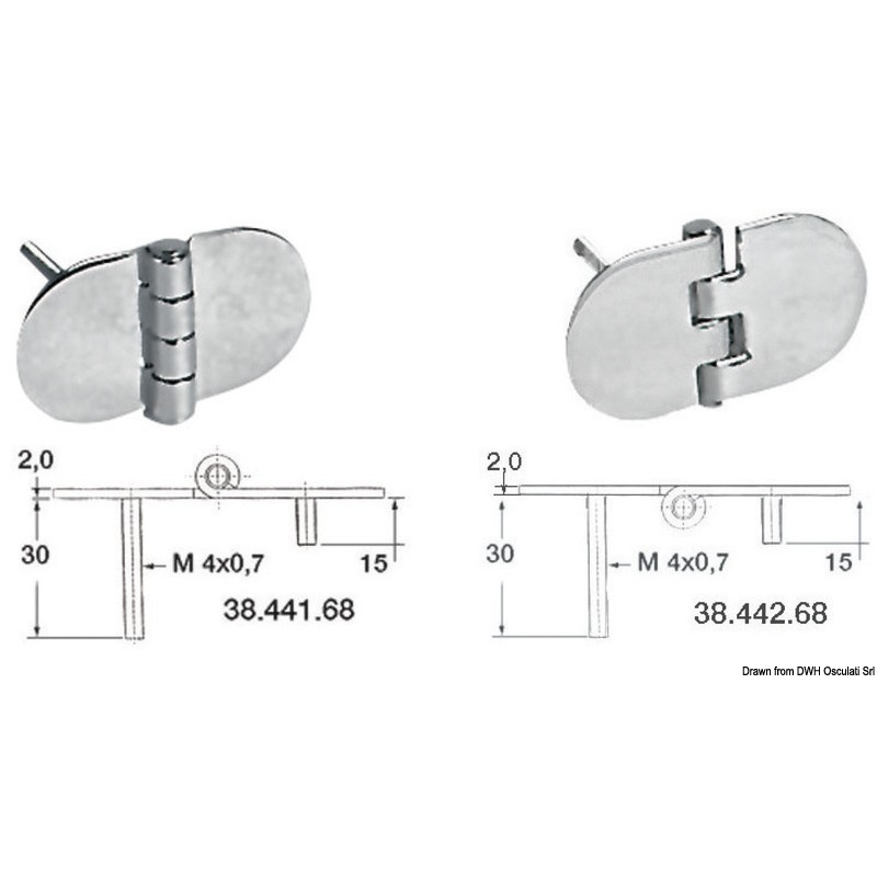 
Charnière inox avec goujons renversé 68,5x38,5 mm 

