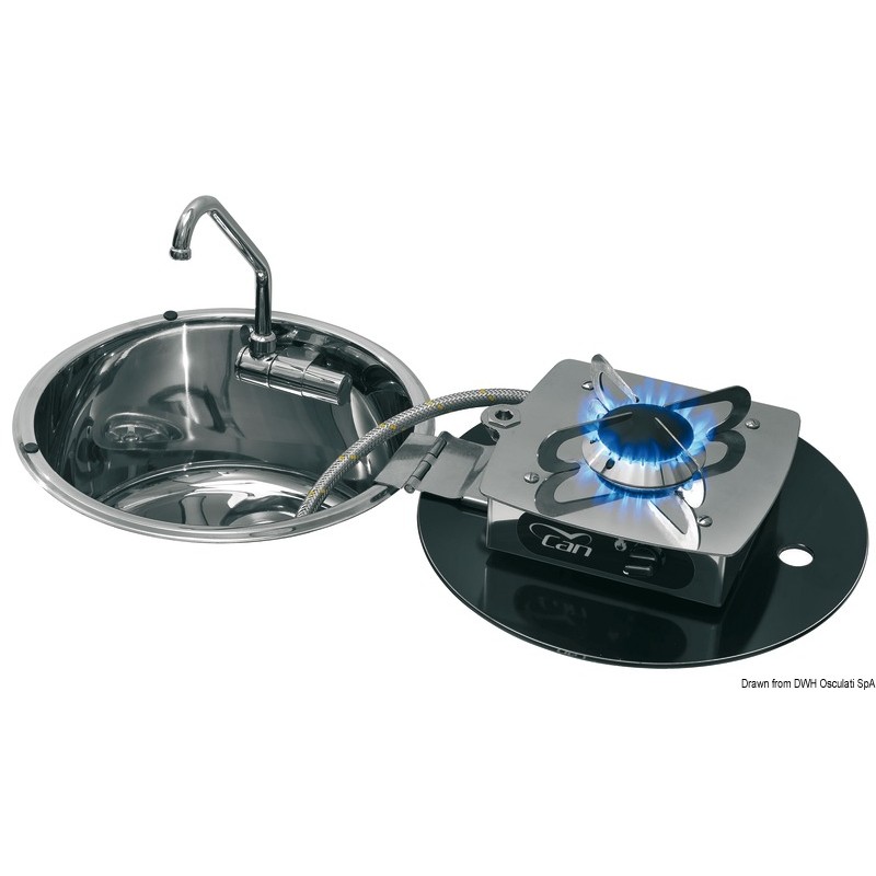 
Evier rond avec plan de cuisson rabattable 1 feu rond 
