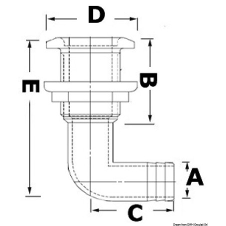 
Passe-coque nylon 3/4" 20mm tête inox embout 90° 
