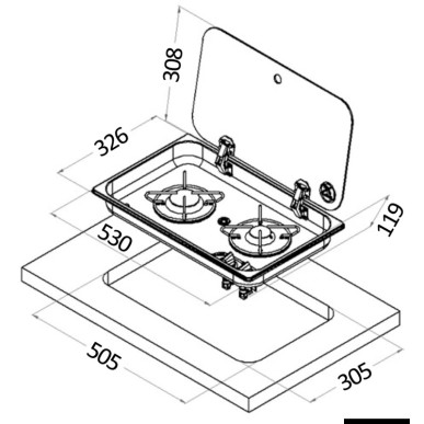Plan cuisson inox couvercle fumé 2 feux encastrement 119 mm | EAN 8033137201035 Ref 50.715.02
