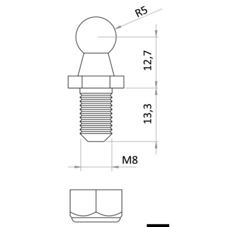 Sphère en acier Ø10 mm avec filetage M8 pour montage des ressorts à gaz. Réf 38.012.00 EAN13 8033137224881